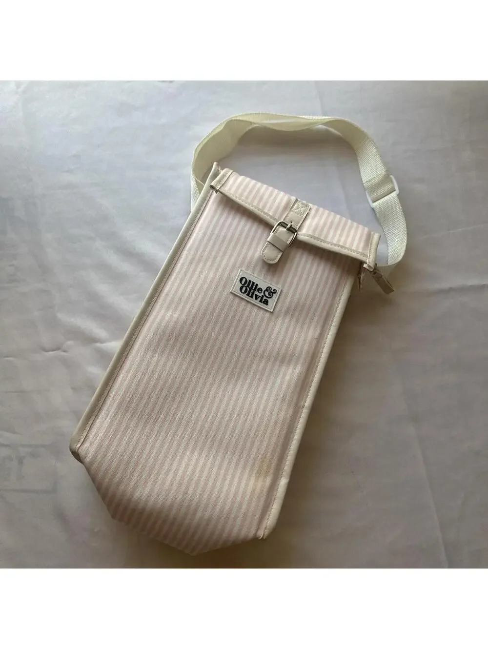 Ollie & Olivia Pink and White Striped Crossbody Bag with Lemon Print Interior